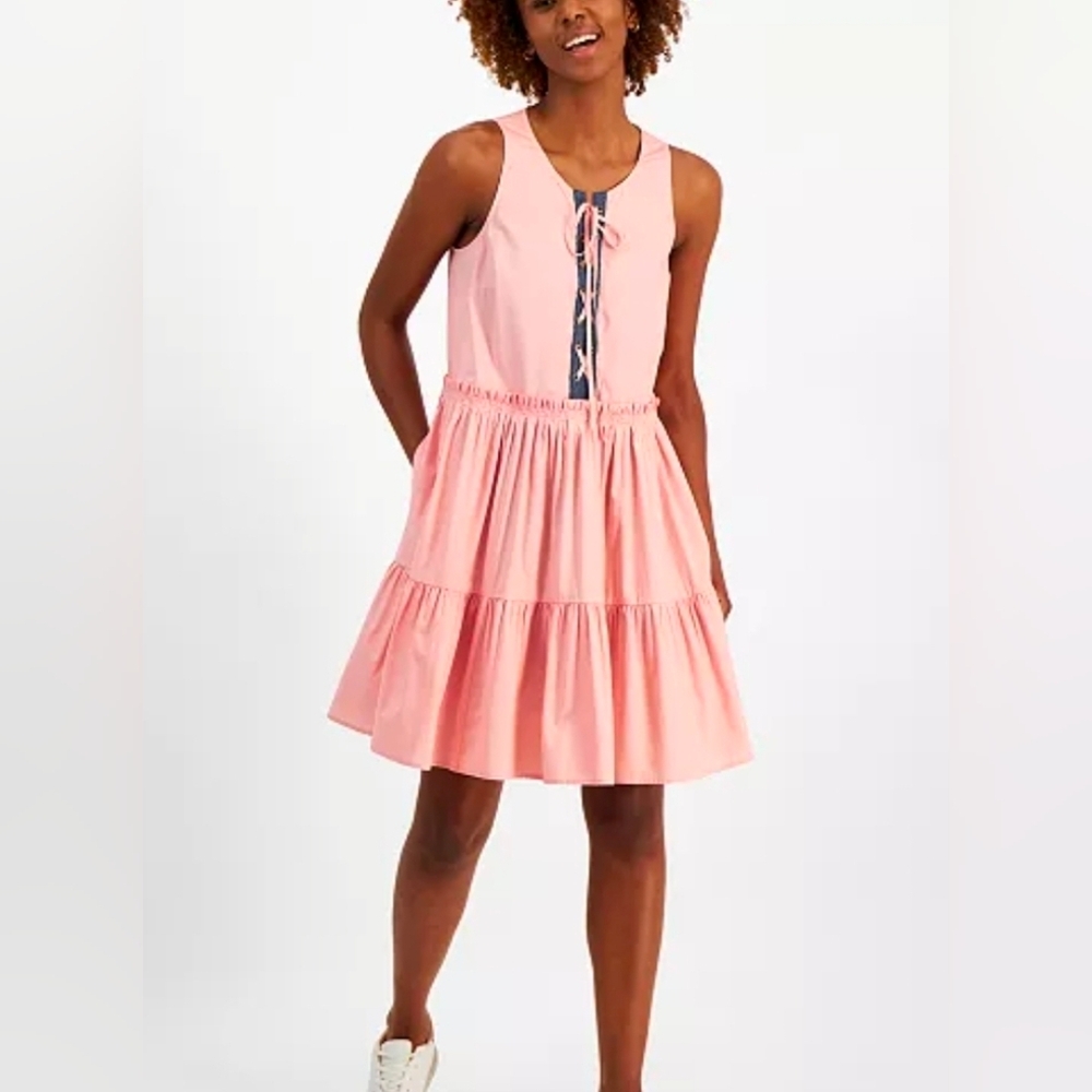 Nautica Jeans Lace-Up Ruffled Sleeveless Soft Pink Dress with Pockets Size XL